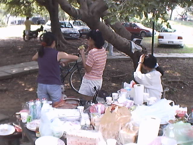 The reverse side of three women and one phone man